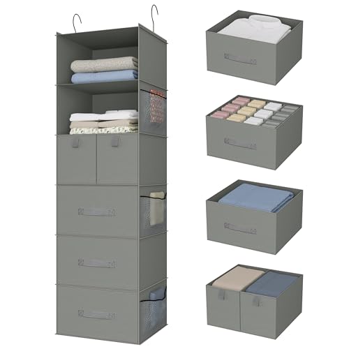 Bosuelife 6-Shelves Hanging Closet Organizer with 5 Different Drawers, Foldable Closet Organizers and Storage for Wardrobe, Closet& RV, Clothes and Accessories Storage, Non-woven fabric, Gray