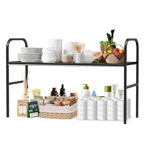 Expandable 2-Tier Under Sink Organizer, 8 Removable Plastic Boards, Tool-Free Installation (Black, 1-Tier 4 Boards)