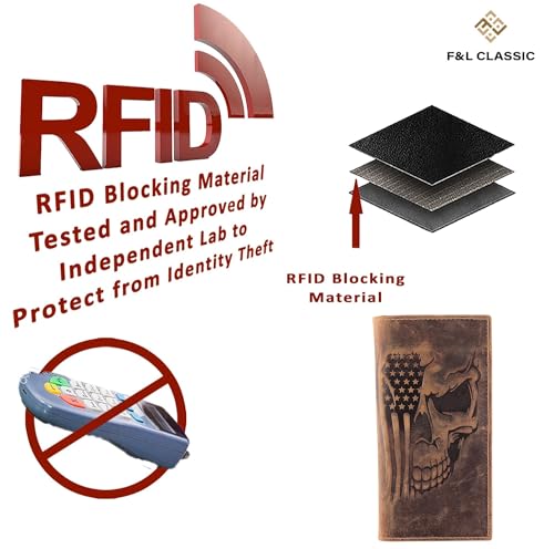 Image of F&L CLASSIC Men's RFID Vintage Look Genuine Leather Long Bifold Wallet Checkbook Wallets,brown flag skull,240-103