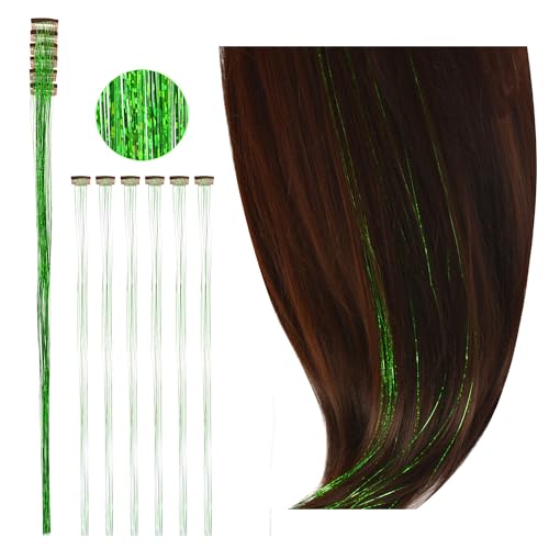 6 Pcs Clip in Hair Tinsel Kit 20.5 Inches Heat Resistant Glitter Tinsel Hair Extensions Fairy for Women Hair Styling Party Gift (Green) - Image 4