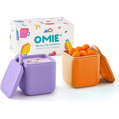Omie OmieBox (2 pack) Leakproof Dips Containers To Go, Salad Dressing Container, Condiment Container with Lids - Food Safe Silicone - 4 ounces (Purple/Orange) Cover