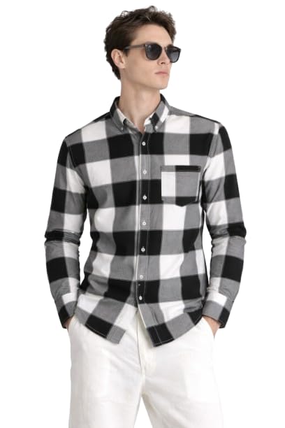Image of FALCONWEAR Men's Cotton Checkered Casual Shirt Black and White Buffalo Plaid Button Down Full Sleeve Regular Fit Stylish for Boys and Men