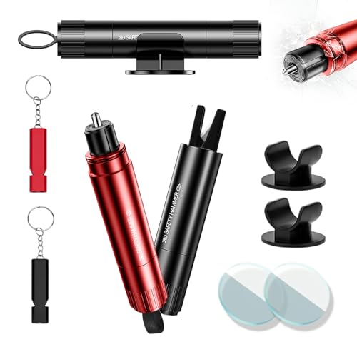 CIANBIFN 2 in 1 Gurtschneider Notfallhammer, 2 Stücke Auto Sicherheitshammer mit Gurtschneider, Tragbarer Fensterbrecher mit 2 Rettungspfeifen 2 Testglasscheiben, Geeignet für Autos (Schwarz + Rot)