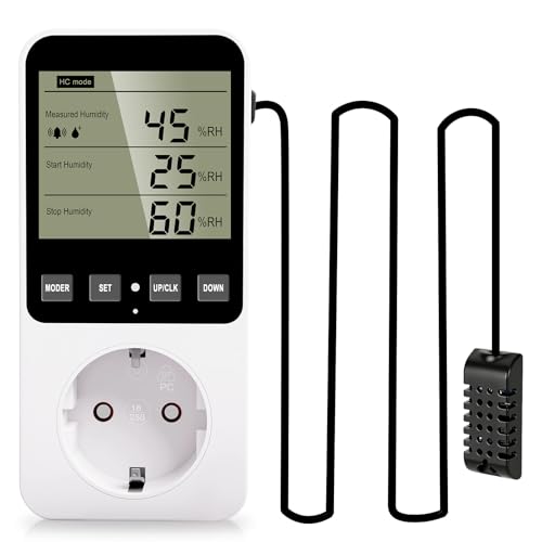 Feuchtigkeitsregler Temperaturregler Steckdose, 230V mit Fühler 16A Digitaler Hygrostat Feuchteregler für Drinnen, Gewächshaus, Aquarium