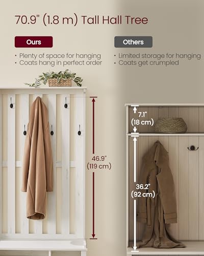 Image of VASAGLE Hall Tree with Bench and Shoe Storage, Coat Rack with Shoe Bench, 7 Double Hooks for Jackets, Hats, Entryway, Bedroom, Living Room, 13.8 x 31.9 x 70.9 Inches, Rustic White UHSR414W01