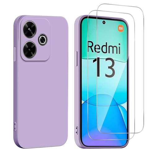 XunyLyee Funda para Xiaomi Redmi 13 4G / Poco M6 4G 6.79" con 2X Cristal Templado, Suave TPU Silicona Bumper Carcasa, con 2 Protector de Pantalla, Antichoque Anti-Arañazos Caso- Púrpura