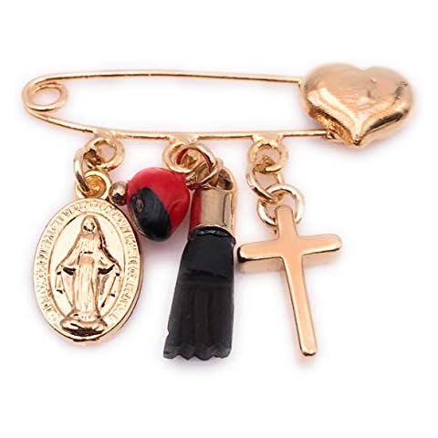 LESLIE BOULES Gold Plated Brooch Pin Virgin Mary Pendant & Genuine Azabache Jewelry Cover