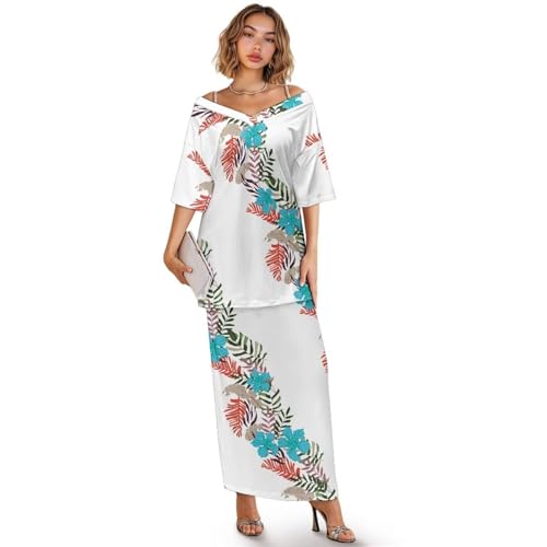 Hawaiian Flower Women Island Short Sleeves Maxi Dress Off Shoulder High Waist Long Skirts Set Evening Gowns