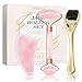 Produktbild Jade Roller Set 3 in 1 mit Gesichtsroller, Gua Sha Jade Und Dermaroller, 100% Natürliche Verjüngung Rosenquarz Roller, Anti Aging Face Roller für Gesichts Halshaut Hautstraffung, Muskelentspannung