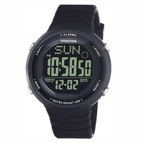 PINDOWS Relojes de Pulsera Hombre Digitales, Impermeable 30M Resistente Agua Multifuncional Analógico Outdoor Deportivos Reloj,Negro