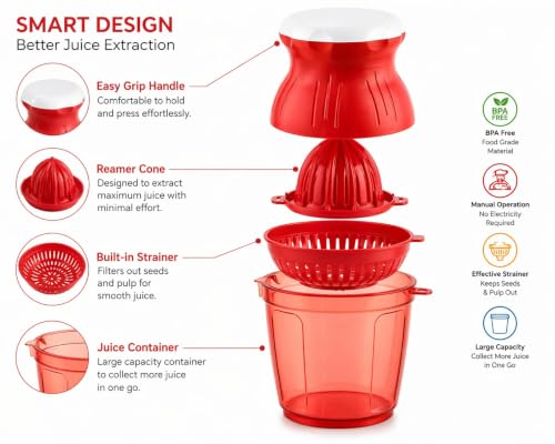Image of Premium Manual Citrus Juicer with Strainer | Lemon Squeezer & Orange Juicer | Hand Press Juicer with Seed Separator & Juice Collector Bowl | Easy to Use Kitchen Tool (Red)