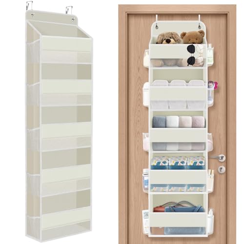 Image of SpaceHacks 1 Pack Over The Door Organizer, Hanging Storage Organizer with Clear Window, 40lb Ultra Sturdy Large Capacity Room Organizer for Pantry Bathroom Nursery Closet Baby Essential (Beige)