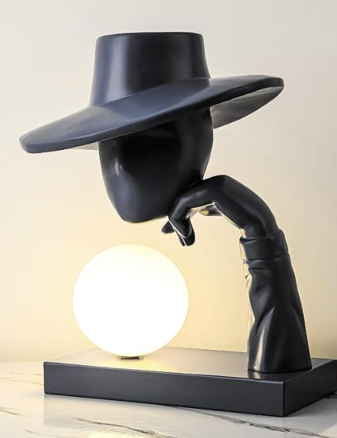 Image of Abstract Black Resin Sculpture Table Lamp Hat-Wearing Human Face Figure (Bulb Included)