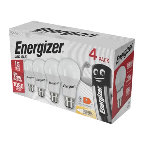 Energizer 75W LED Bayonet Light Bulbs B22/BC – 75 Watt Equivalent, 11W Energy-Saving, 1050 Lumens, 3000K Warm White, Pack of 4