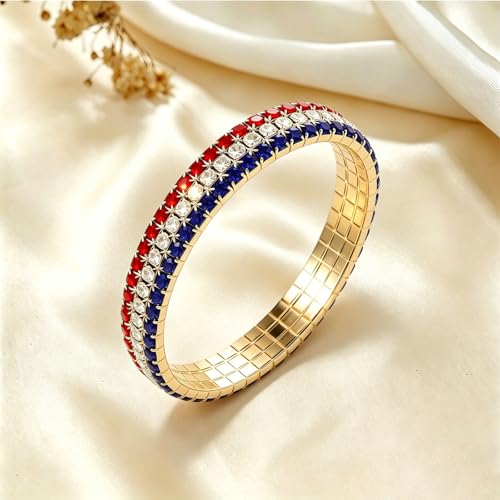Image of Dreuyet American Flag Rhinestone Bracelet Red White Blue Crystal Patriotic 4th of July Shiny Decorations USA Independence Day Jewelry