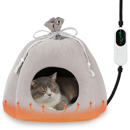 FHTONGE 2 in 1 Heated Cat Bed Cave with Timer Temp Adjustment, Thermal Enclosed Kitten Bed Hideaway...