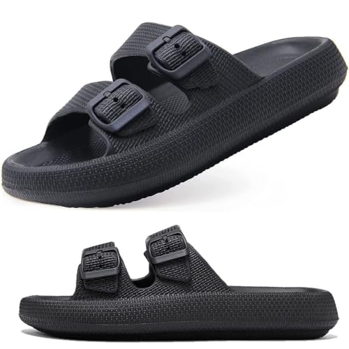 VEXITO Chanclas Hebilla Mujer Ajustables Zapatillas Casa Hombre Hombre Comodas Pantuflas Suaves Antideslizantes Piscina Sandalias Verano De Estar Goma Eva Negro Talla 44-45