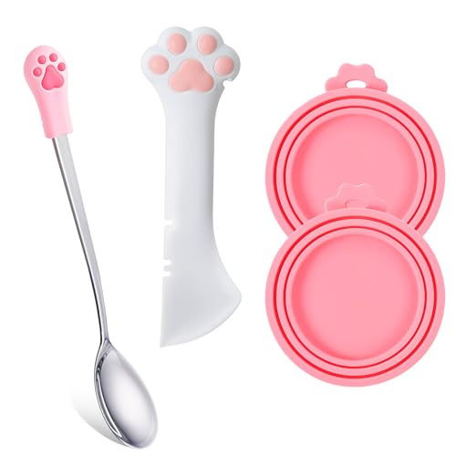 Qianyu 4 Pcs Cute Paw Shape Opener Spatula Pet Food Can Spoon & Lids Stainless Steel Wet/Dry Food Scoop Universal Silicone Can Covers Multi-Function Cat Food Can Opener Paw for Dog Cat