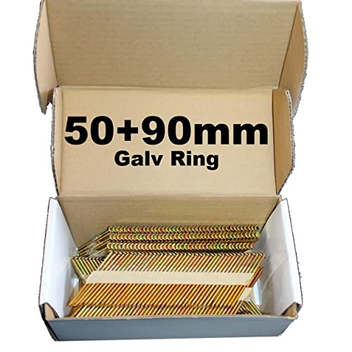 Mixed Pack 500 x 50mm Galv Ring + 500 x 90mm Galv Ring Framing Nails,Clipped D-Head, for DEWALT 18v Cordless DCN692