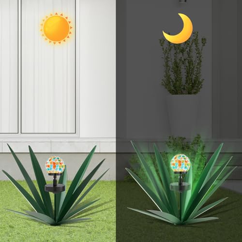 Image of TOMBABY Enlarge Metal Plants Tequila Rustic Sculpture, Outdoor Patio Yard, Home Decor Hand Painted Agave Garden Statue, Outdoor Lawn Ornaments Yard Stakes for Mom Gift (2 Solar Green)