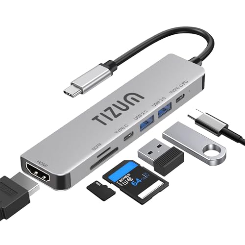 Image of Tizum 7-in-1 USB C HUB with 4K HDMI, 100W PD Charging, USB C & USB 3.0 5Gbps, USB 2.0, SD /TF Card Reader, Type C Multiport Adapter for MacBook Laptop, Tablet, Type C Dock Plug & Play, Aluminium Shell