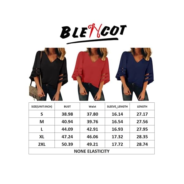 BLENCOT Womens 3/4 Bell Sleeve Fashion V Neck Lace Patchwork Blouse Casual Loose Shirt Tops Black, X-Large