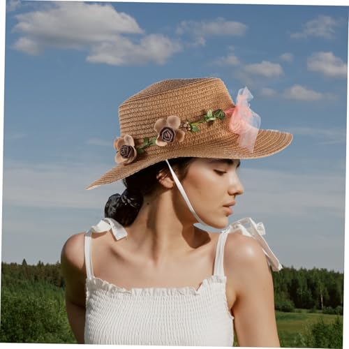 HANABASS Womens Stylish Summer Flat Top Hat Breathable Outdoor Hat with Floral Wreath Design for Sun Protection for Summer Outings Khaki4