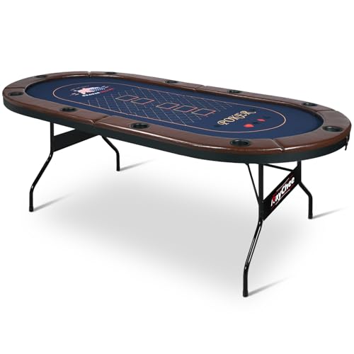 RayChee 10 Player Foldable Poker Table, Texas Holdem Table, Folding Leisure Game Table, Portable Casino Table for Game Room with Padded Rails and Cup Holders (Brown, 84 inch)