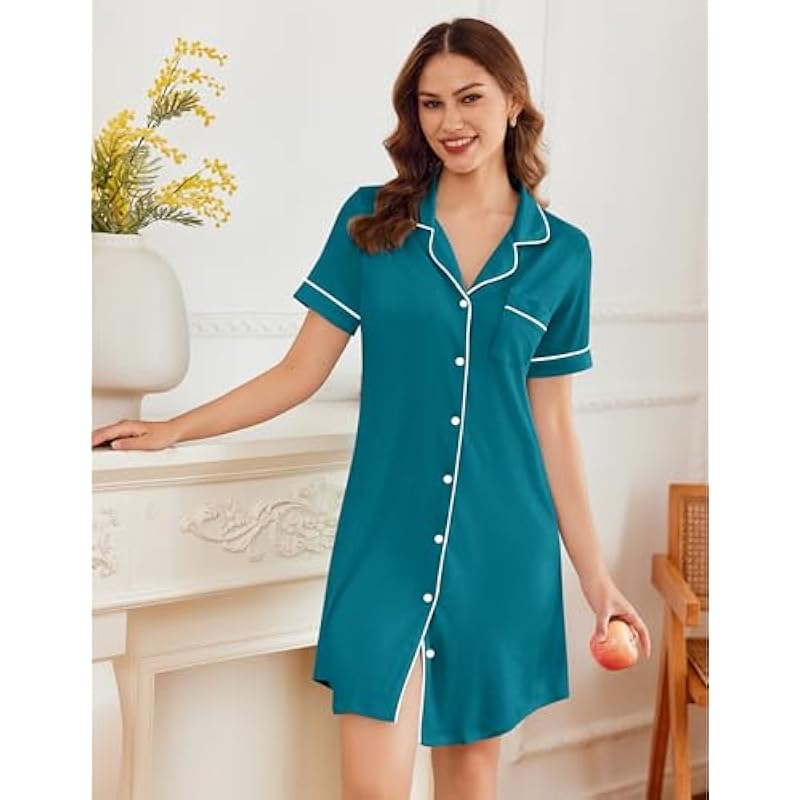 Ekouaer Nightgowns for Women Button Down Sleepshirt Short Sleeve Nightshirt Boyfriend Pajamas V Neck Nightdress S-XXXL 상세이미지 2