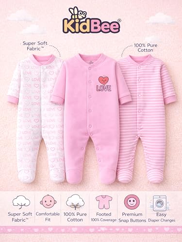 Image of Kidbee Baby Boys & Girls Full Sleeves Cotton Footed Romper Sleepsuit Pack of 3