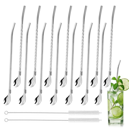 14 Pezzi Cucchiai per Cannuccia in Acciaio Inox,Cucchiaio Cocktail Cannuccia del Cucchiaio di Metallo,Cannucce con Cucchiaio Riutilizzabile,2 in1 Cucchiaio di Paglia per Cocktail,Frullati,Bevande