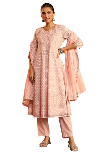 Janasya Indian Women's Cotton Pink Ethnic Print Festive Wear Kurta Set for Women