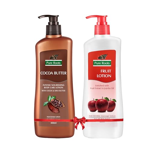 Image of Pure Roots Body Lotion Combo - Fruit Lotion & Cocoa Butter (400ml x 2) | Pack of 2 Moisturizing Body Lotion for Men & Women | Fast Absorbing, Non-Sticky | Deep Nourishment & Instant Hydration for All Skin Types | All Season Use