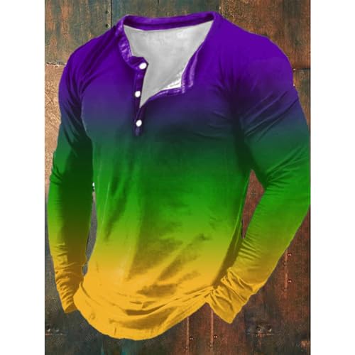 Mens Retro Mardi Gras Purple Green And Gold Gradient Print Button Long Sleeve2