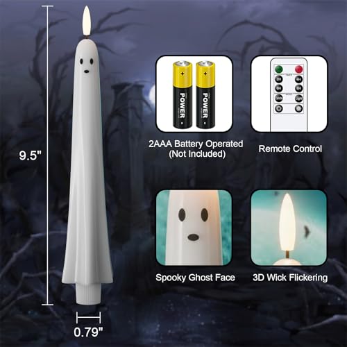 Image of Halloween Ghost Flameless Taper Candles Flickering Battery Operated with Remote and Timer 3D Wick White Real Wax LED Taper Candles Halloween Dinner Decoration Indoor(2 Pack, 0.79 inchD x 9.5 inchH)