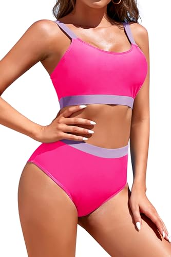 Image of Womens High Waisted Bikini Sets Sporty Crop Top Color Block Swimwear Bandeau Scoop Neck Vintage Two Piece Bathing Suits