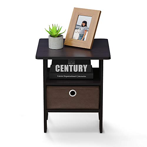 Image of Furinno ANDREY Square Side Table, End Table, Night Stand, Dark Walnut | Open Shelves and Storage Bin, Bedside Table, for Living Room, Bedroom