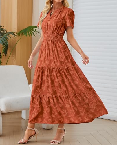 Image of Women's Maxi Dresses Boho Burnout V Neck Short Puff Sleeve Smocked Empire Waist Long Wedding Guest Semi Formal Dress Pockets