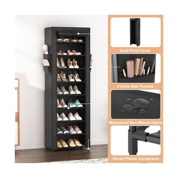 Shoe rack with cover narrow shoe rack organizer with 4 side pockets 10 tier tall shoe storage shoe shelf holds 18 22 pairs shoes and boots shoe rack for closet entryway garage  urban country home decor