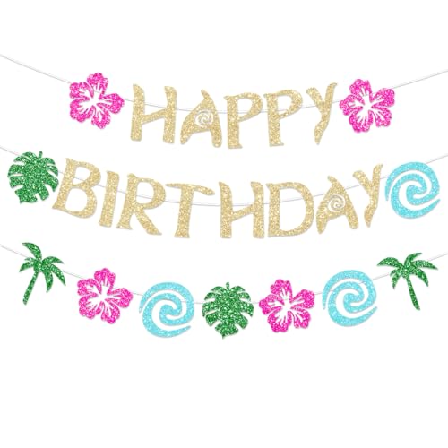 FHGG Hawaiian Moana Birthday Banner Party Decoration Glittery Gold for Happy Birthday Tropical Luau Summer Baby Shower Decor