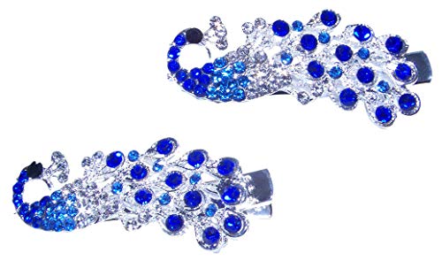 Two Small Silver Sparkle Colorful Peacock Shiny Stainless Steel Alligator Hair Clips for Women With Gift Box (Blue)