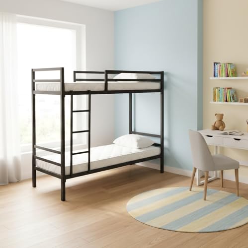 Image of Metal Wrought Iron Bunk Bed Frame Without Mattress | Heavy Duty Double Decker Twin Over Twin Bed with Guardrails & Ladder | Powder Coated Bunker Bed for Adults (Single 3 x 6 feet)