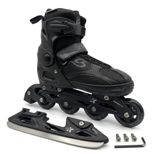 Cox Swain Black Ice 2in1 Inliner & Schlittschuhe - Größenverstellbare Kombi Skates & Eislaufschuhe für Kinder Mädchen Jungen Damen & Herren - Edelstahlkufen PU-Rollen ABEC 7 Gr. 29-32 bis 43-46