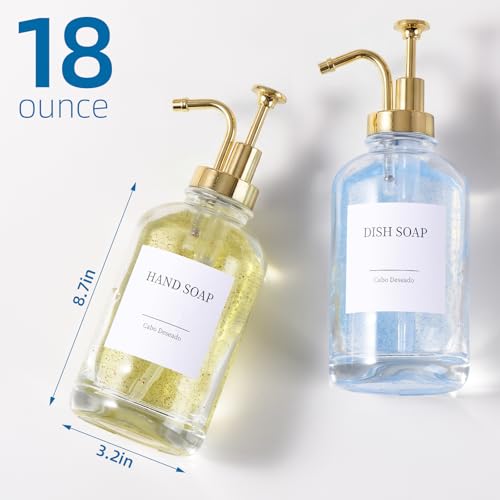 Image of Glass Soap Dispenser with Pump, Dish and Hand Soap Dispenser for Kitchen Bathroom Set, Clear Glass Dispenser Set of 2 Pack with 18 Stickers Funnel Bamboo Tray 500ml 18oz / Each Bottle Gold Pump