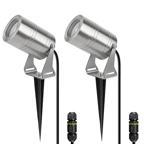 JNR 2 PACK Edelstahl LED Gartenstrahler mit erdspieß IP65 Wasserdicht Gartenleuchte inkl. 5W GU10 3000K Warmweiß Glühbirne 2m Kabel Kein Stecker Gartenbeleuchtung außen für Garten,Wegen,Teich, Silber