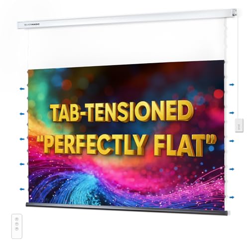 Image of ALR Tensioned Motorized Projector Screen by SilverMagic - Tab Tensioned and Modern Design Gray Screen with White Aluminum case for Home Theater /Living Room /Patio /Office /Classroom - 100 inch 16:9