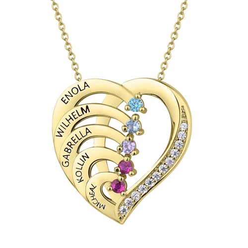 Personalized Sterling Silver Mothers Name Necklace with 1-5 Simulated Birthstones Custom Heart Pendant Necklace Personalized Gift for Mother's Day Christmas2