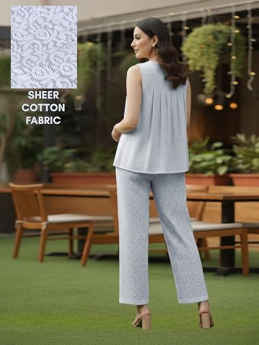 Image of GRECIILOOKS Co-Ord Set for Women stylish Solid| Jumpsuit For Women's Stylish | Dress | Travel | Sheer Cotton Textured Sleeveless Top And Straight Pants