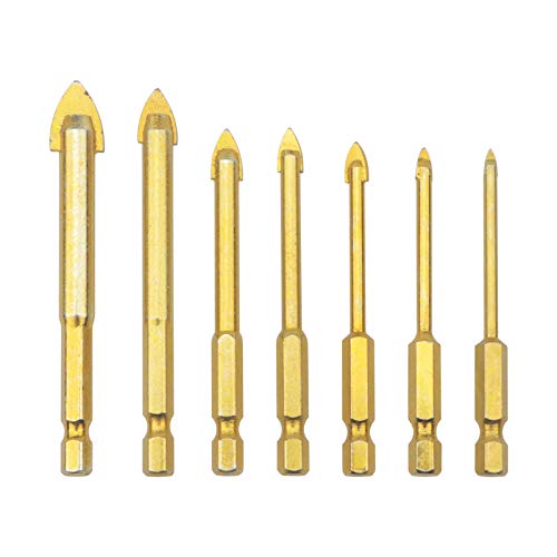 Unxuey 7-teiliges Bohrer-Set mit Sechskantschaft, 6,35 mm, für Glasfliesen, Titanbeschichtung, Speerkopfbohrer, für Keramik, Marmor, Spiegelglas, 3 mm, 4 mm, 5 mm, 6 mm, 8 mm, 10 mm, 12 mm Cover