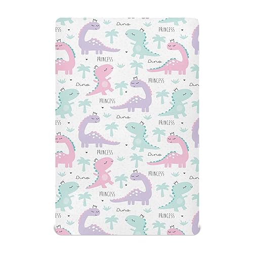 Image of GOODOLD Princess Dinosaur Crib Sheets for Boys Girls, 52x28 Inch Soft and Breathable Pack n Play Sheets, Portable Mini Stretchy Cribs Sheets